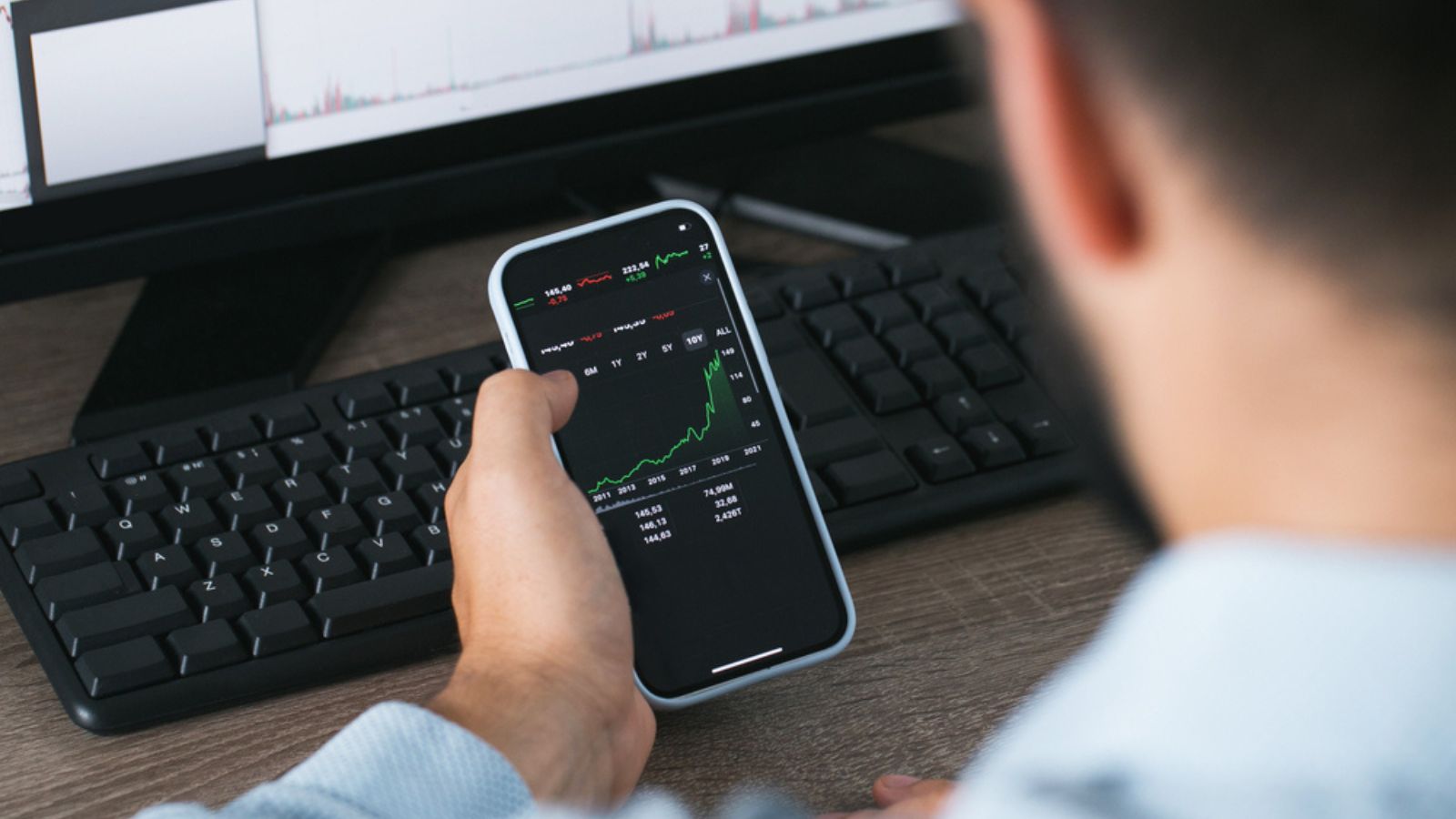 Stock market phone in the hand and desktop computer green and red charts