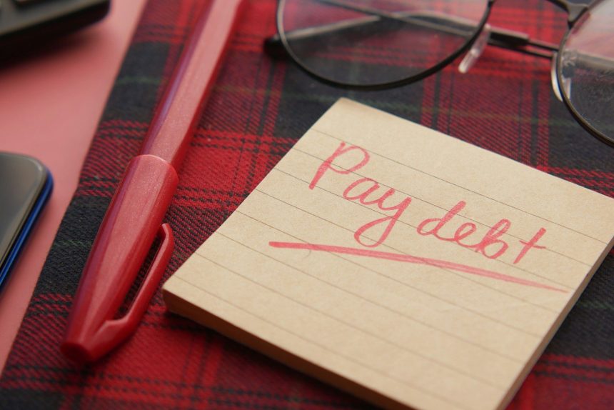 a note that says pay debt next to a pen and glasses; debt after job loss