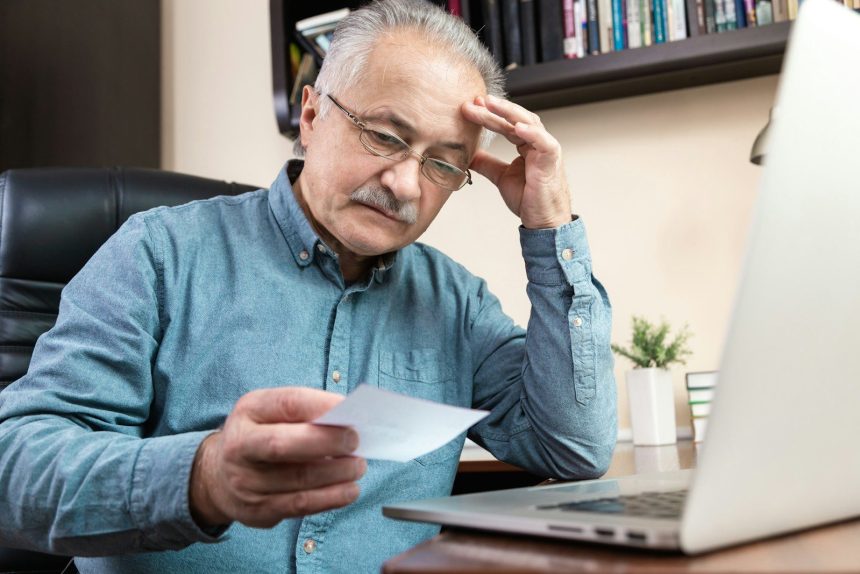 a man holding a pen and looking at a laptop; medical debt